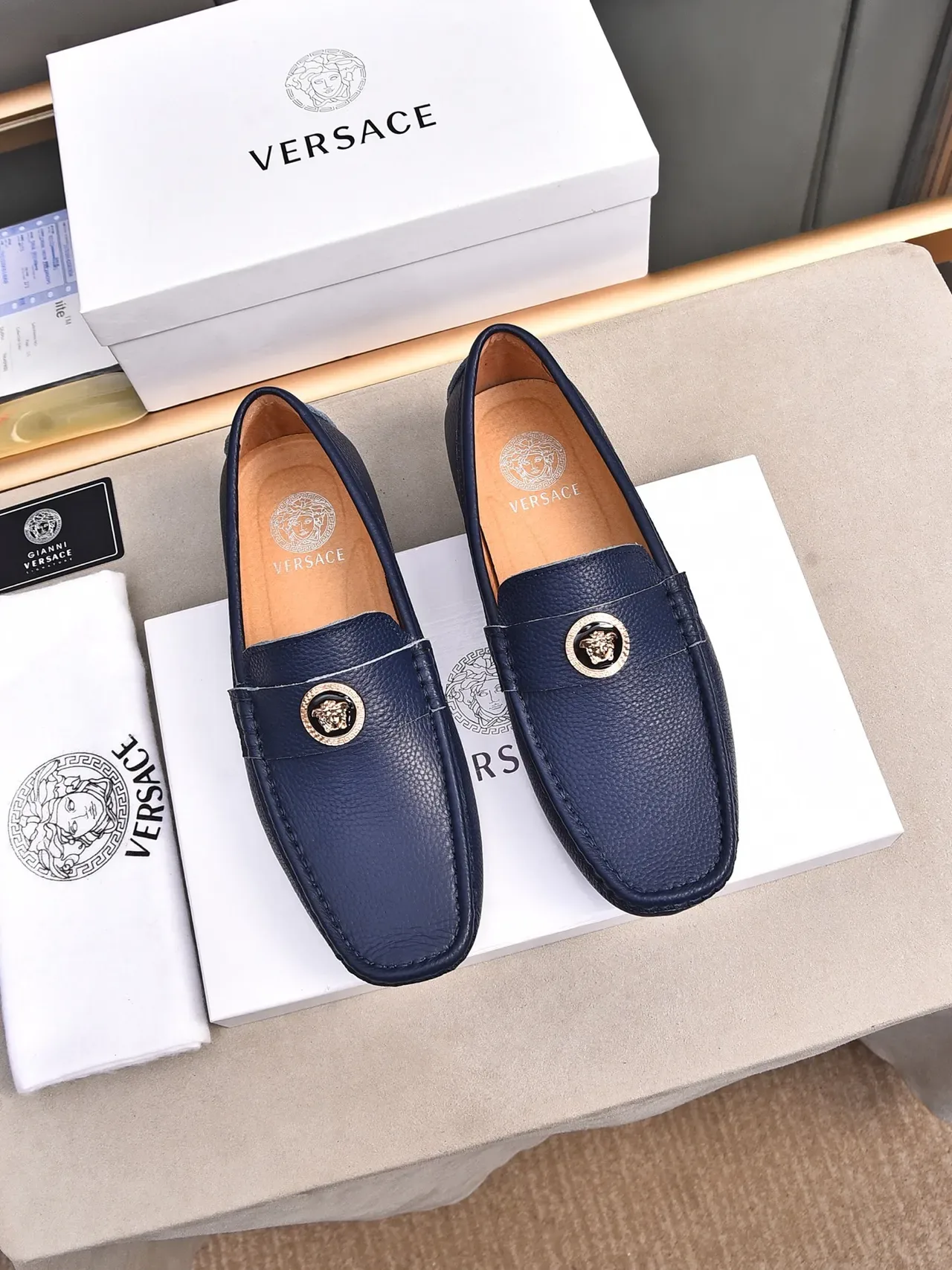 Navy Beige Pebbled Leather Upper Metal Medallion Accent Loafer 3