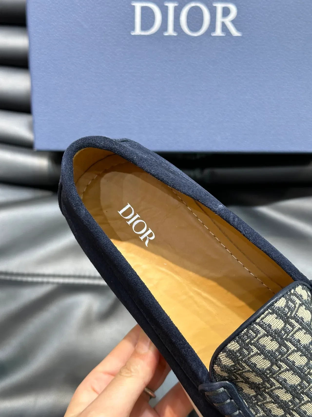 Navy Beige Suede Patterned Canvas Vamp Loafer 4