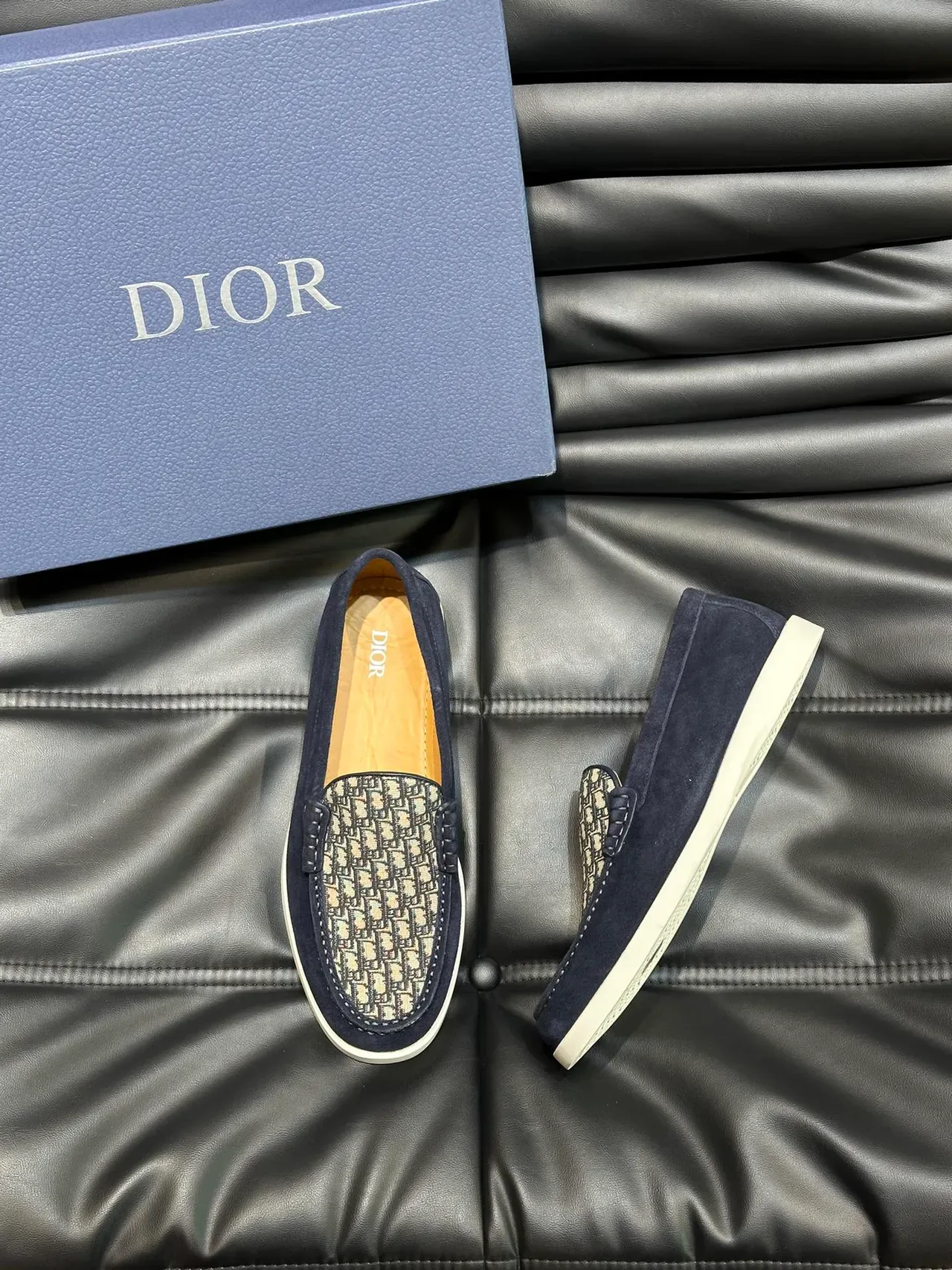 Navy Beige Suede Patterned Canvas Vamp Loafer 5