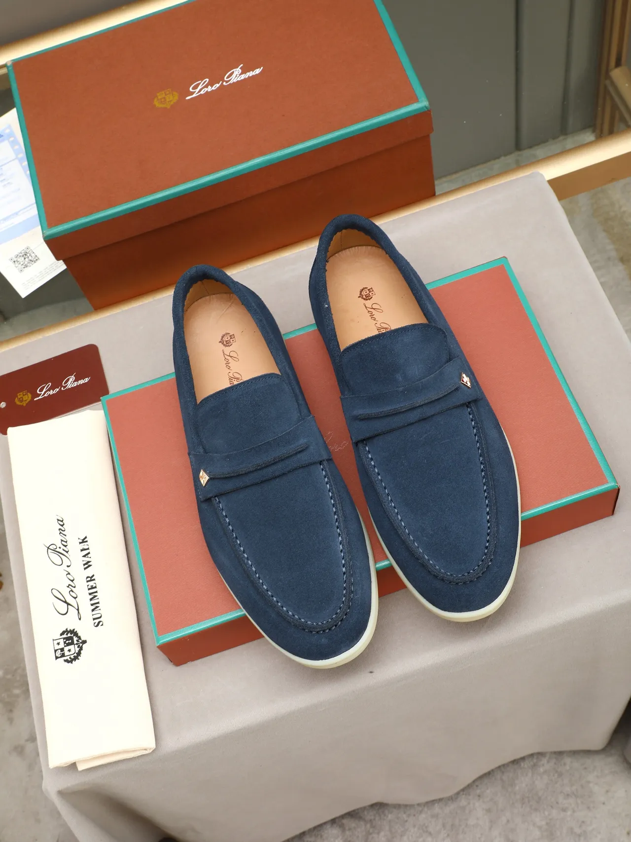 Navy Beige Suede Penny Strap Loafer 2