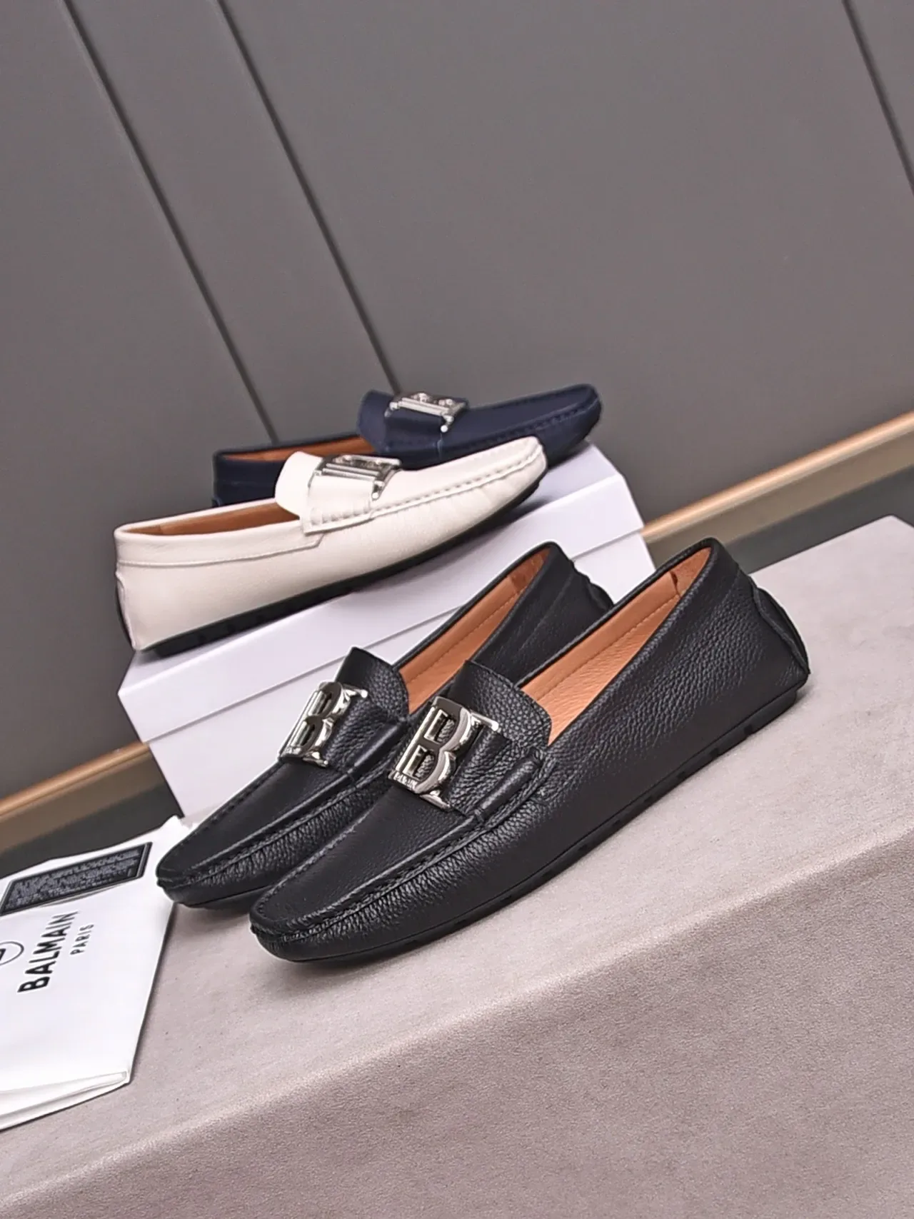 Navy Blue Pebbled Leather Metal Bit Strap Loafer 2
