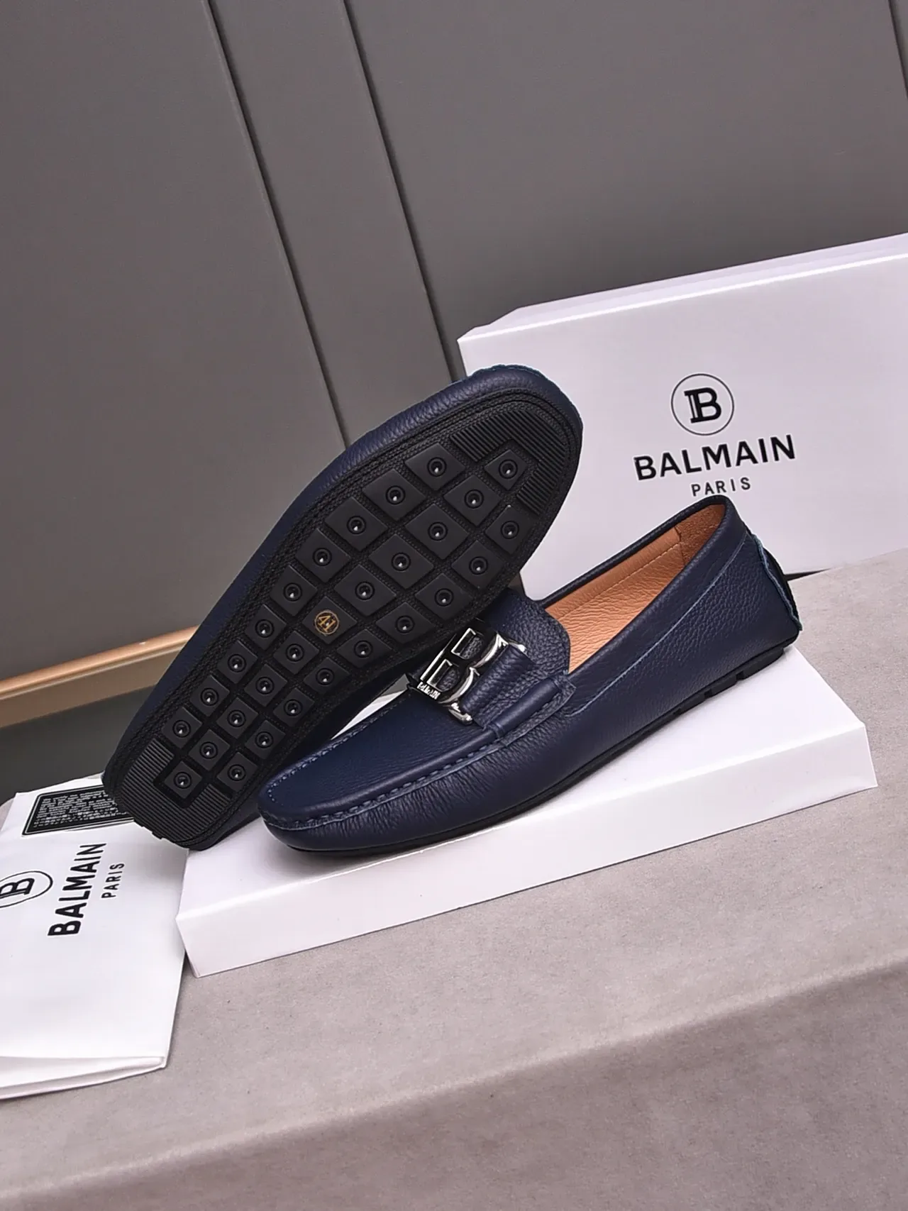 Navy Blue Pebbled Leather Metal Bit Strap Loafer 4