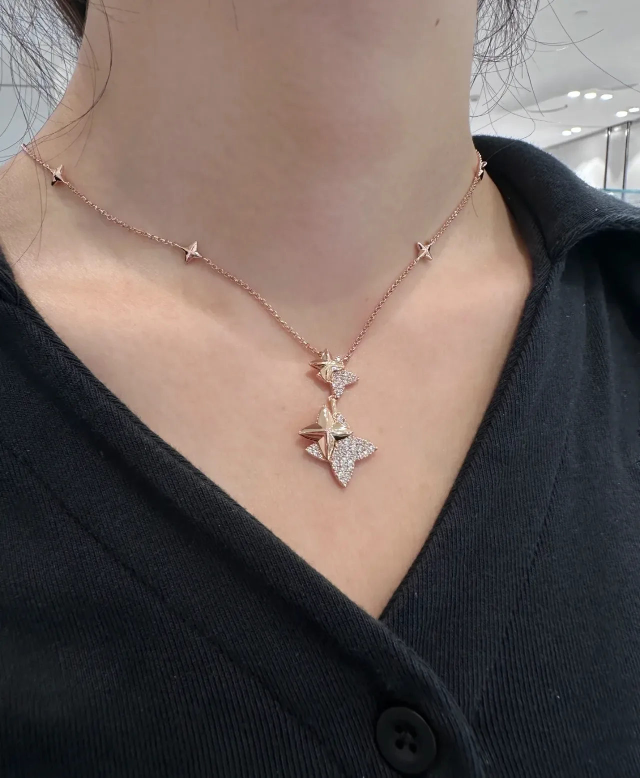 Navy Gold Dual Star-Shaped Pendant Pavé-Set Stones Necklace 2