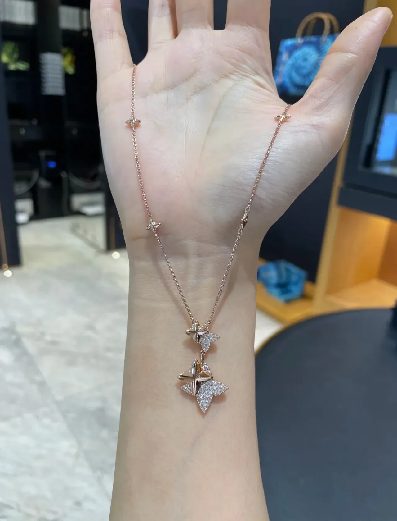 Navy Gold Dual Star-Shaped Pendant Pavé-Set Stones Necklace 5