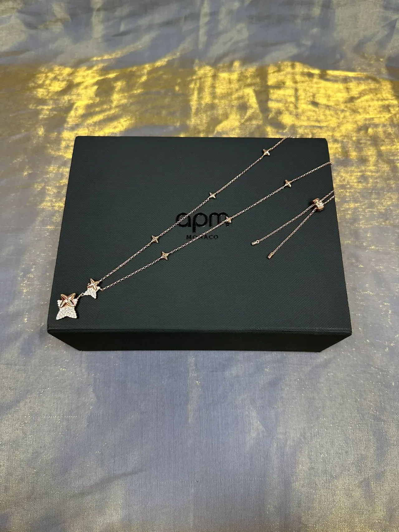 Navy Gold Dual Star-Shaped Pendant Pavé-Set Stones Necklace 6