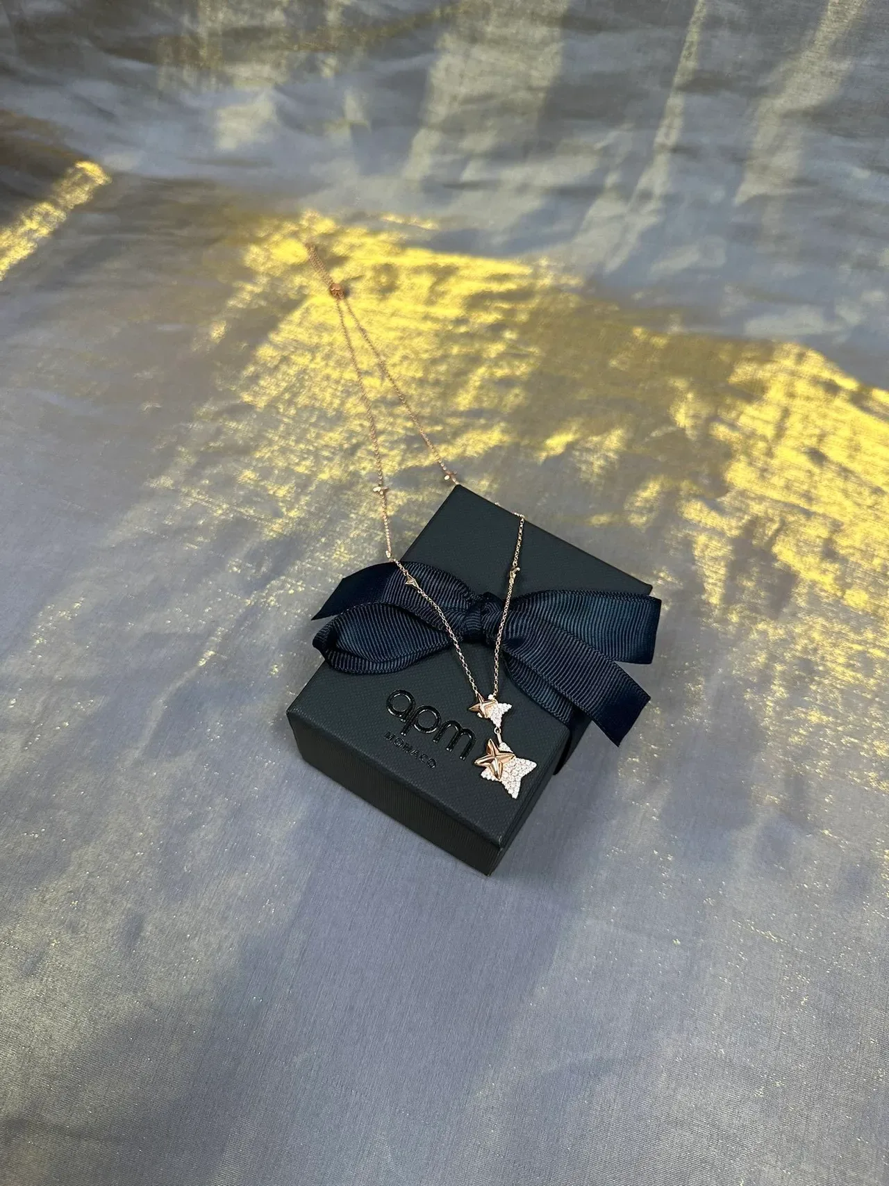 Navy Gold Dual Star-Shaped Pendant Pavé-Set Stones Necklace 7