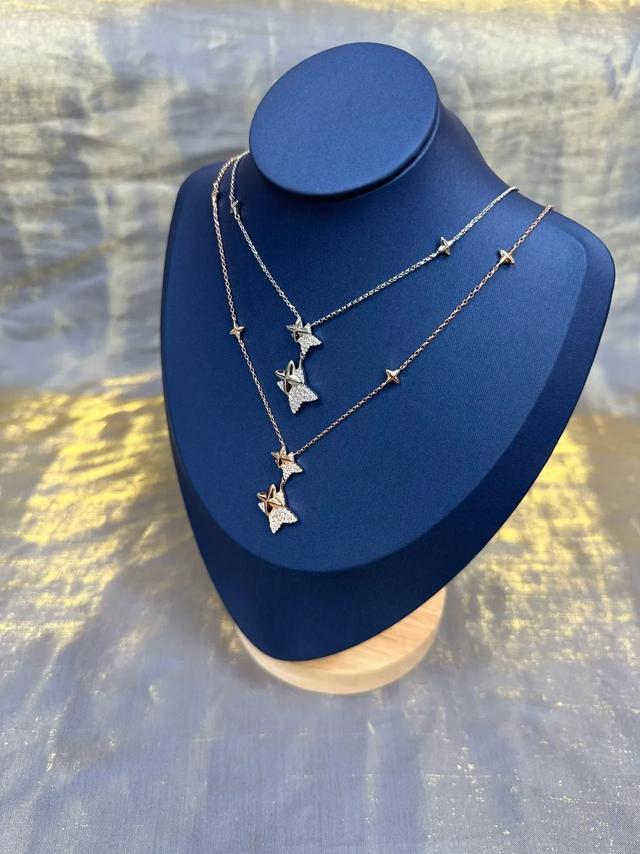 Navy Gold Dual Star-Shaped Pendant Pavé-Set Stones Necklace 9