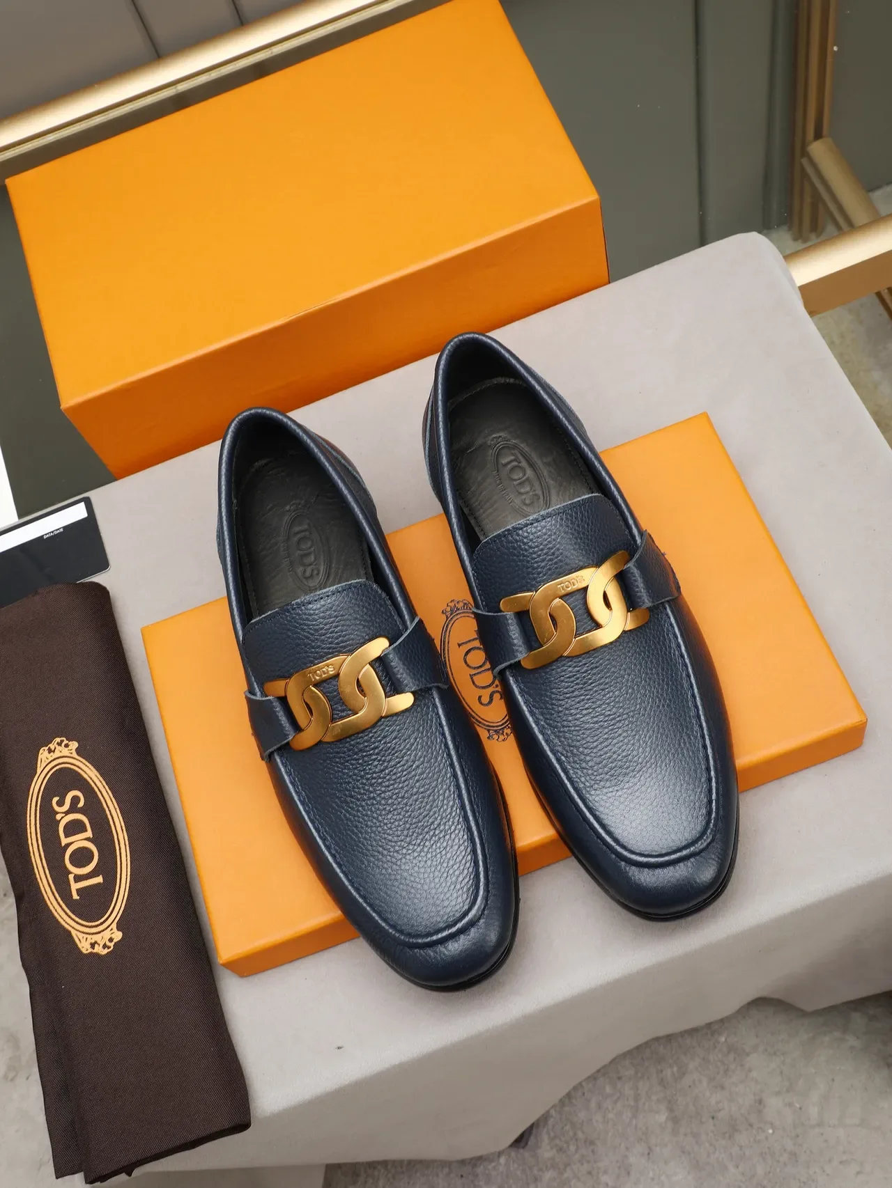 Navy Gold Pebbled Leather Horsebit Buckle Loafer 2