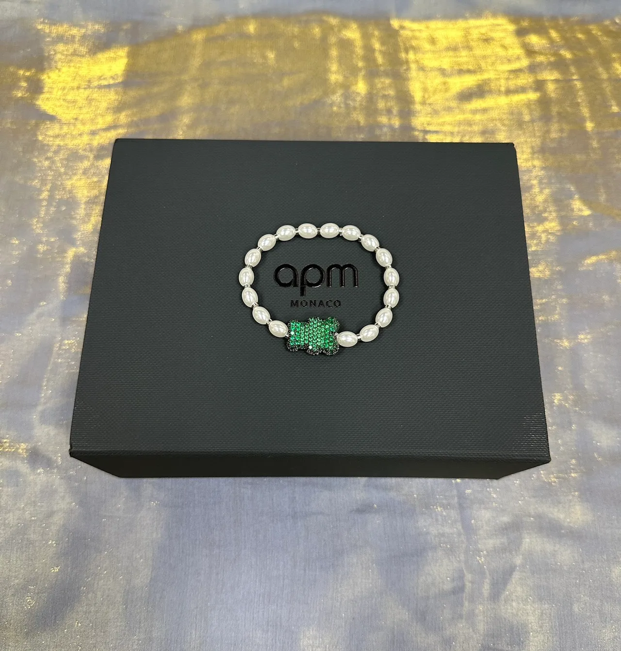 Navy Green Pearl-Beaded Crystal Centerpiece Bracelet 2