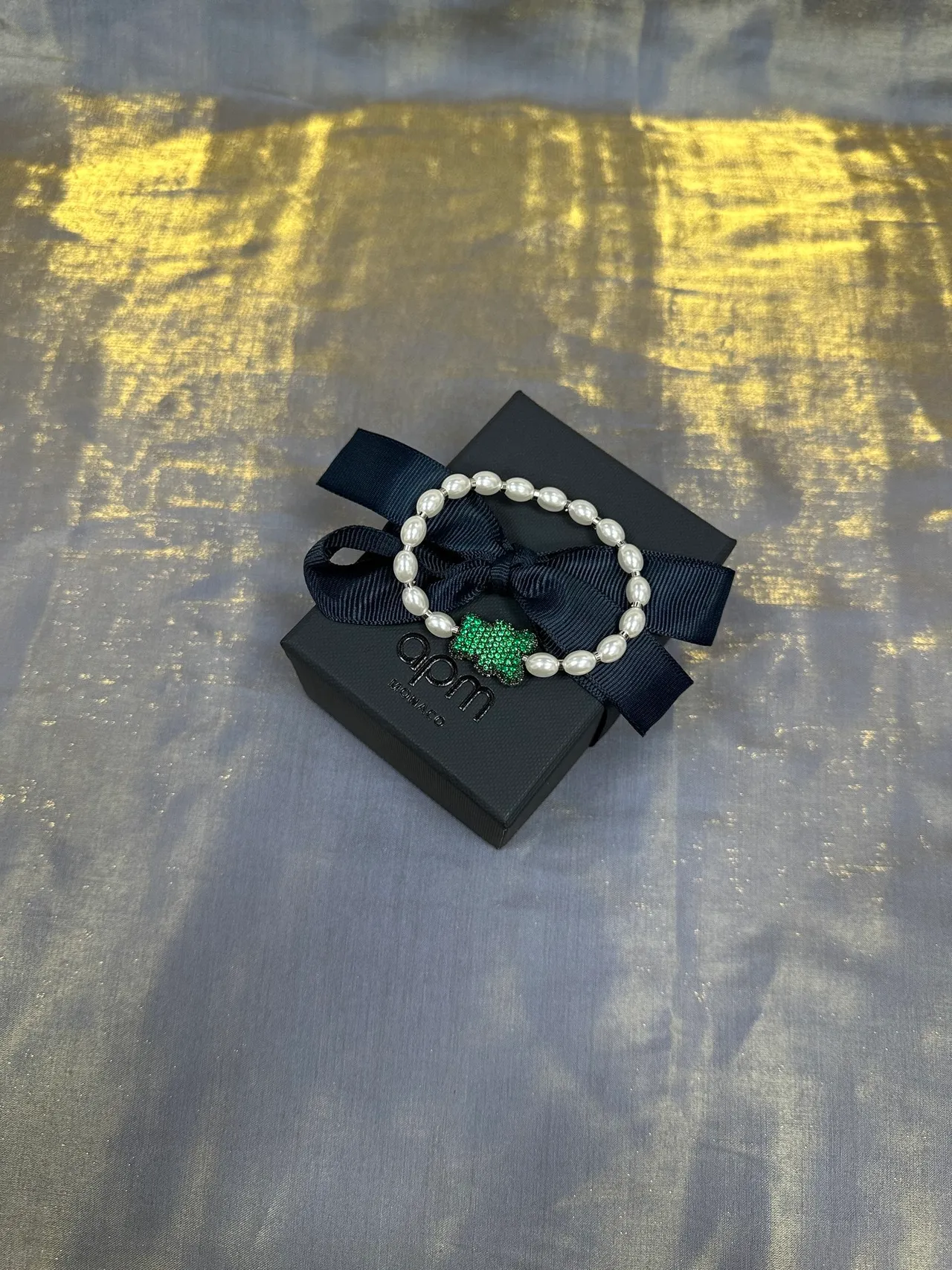 Navy Green Pearl-Beaded Crystal Centerpiece Bracelet 3
