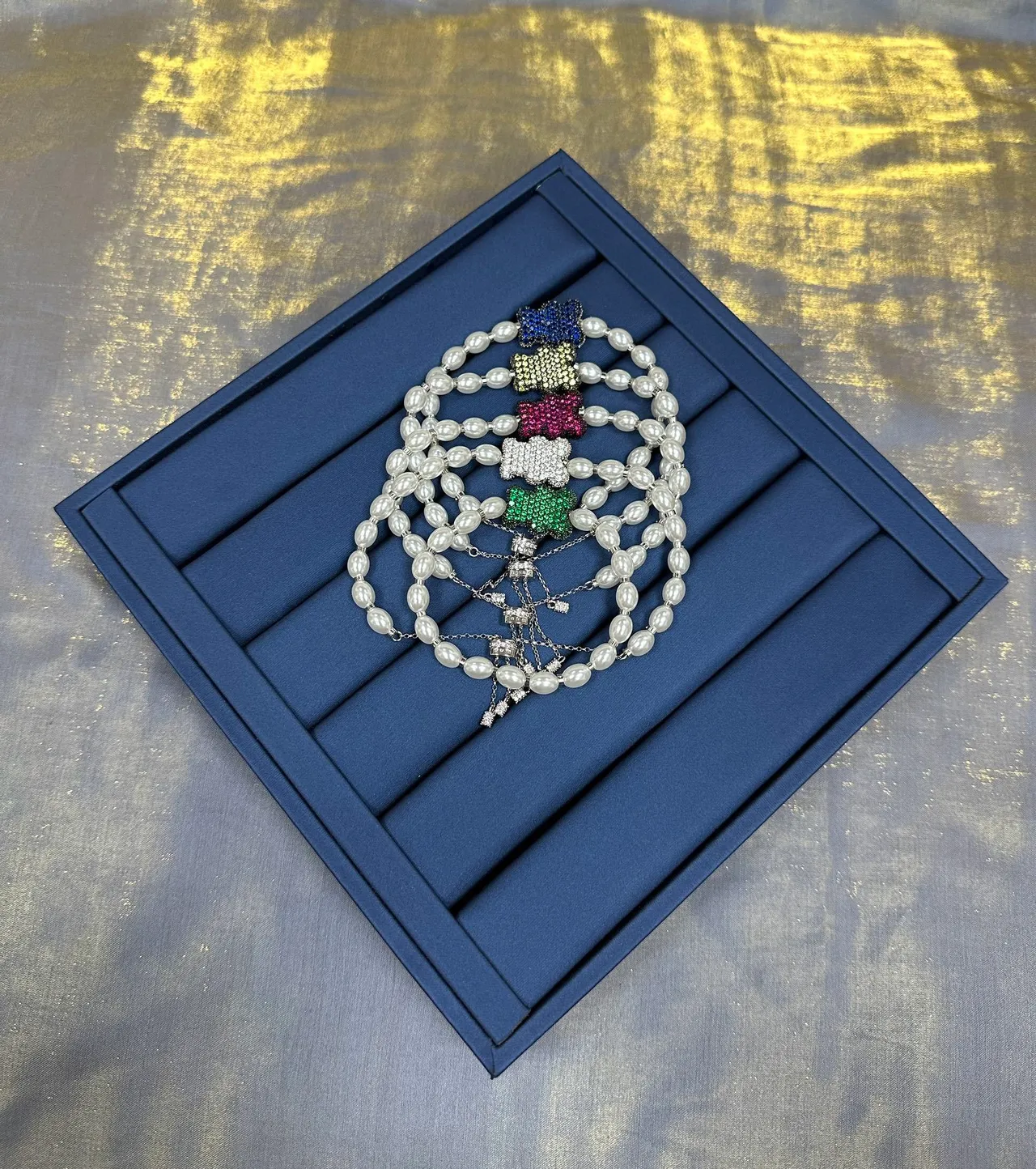 Navy Green Pearl-Beaded Crystal Centerpiece Bracelet 7