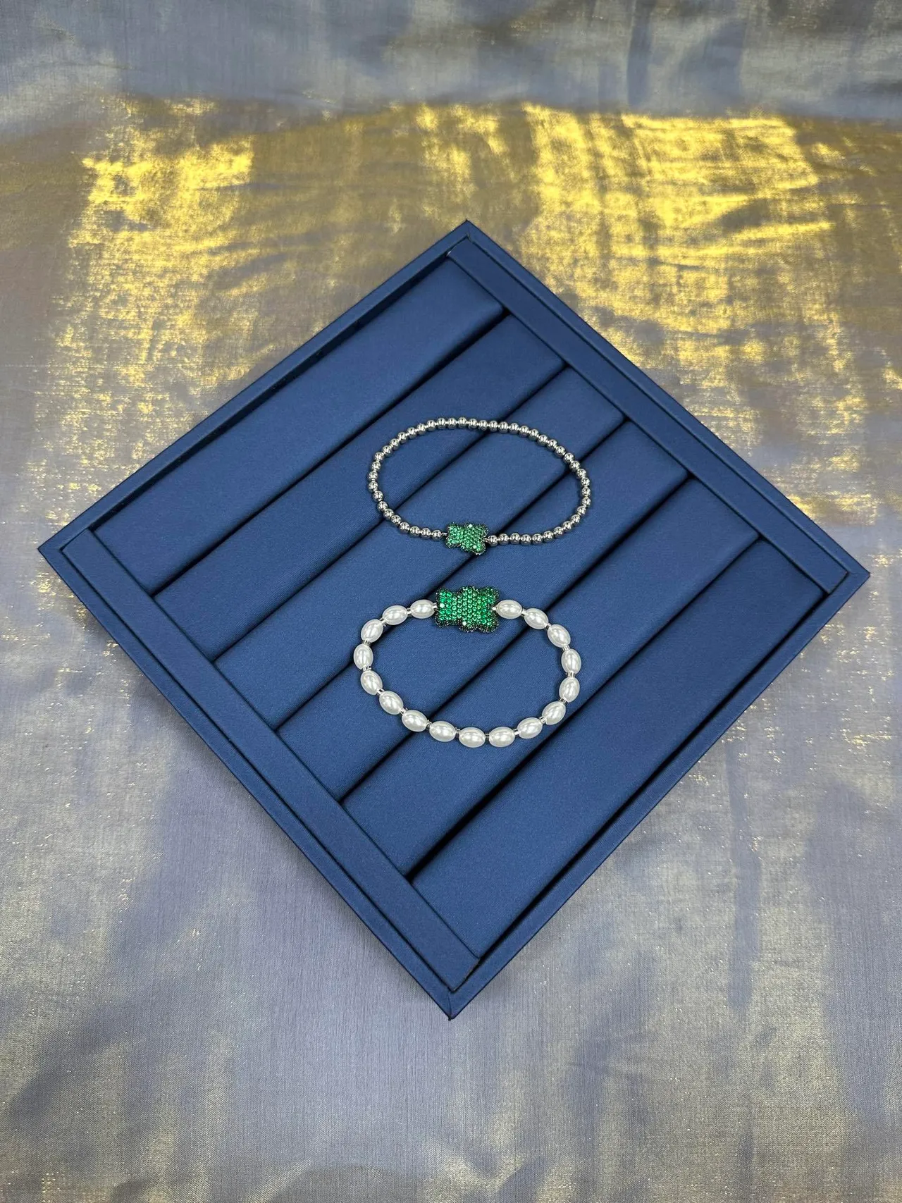 Navy Green Pearl-Beaded Crystal Centerpiece Bracelet 8