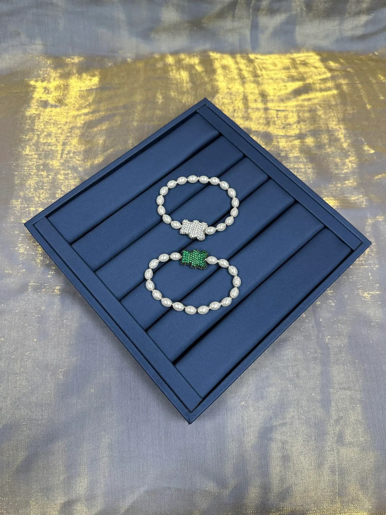 Navy Green Pearl-Beaded Crystal Centerpiece Bracelet 9
