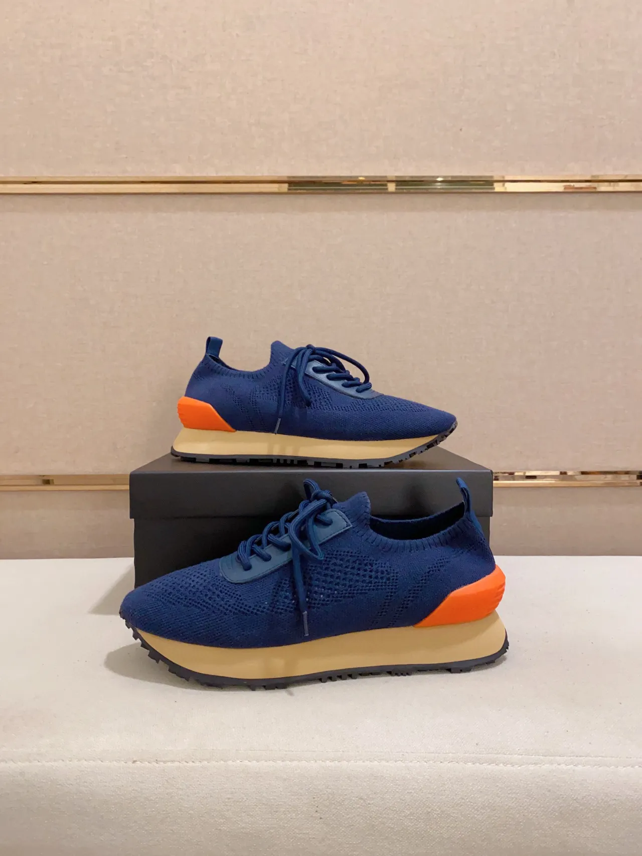 Navy Orange Knit Upper Layered Midsole Sneakers 5