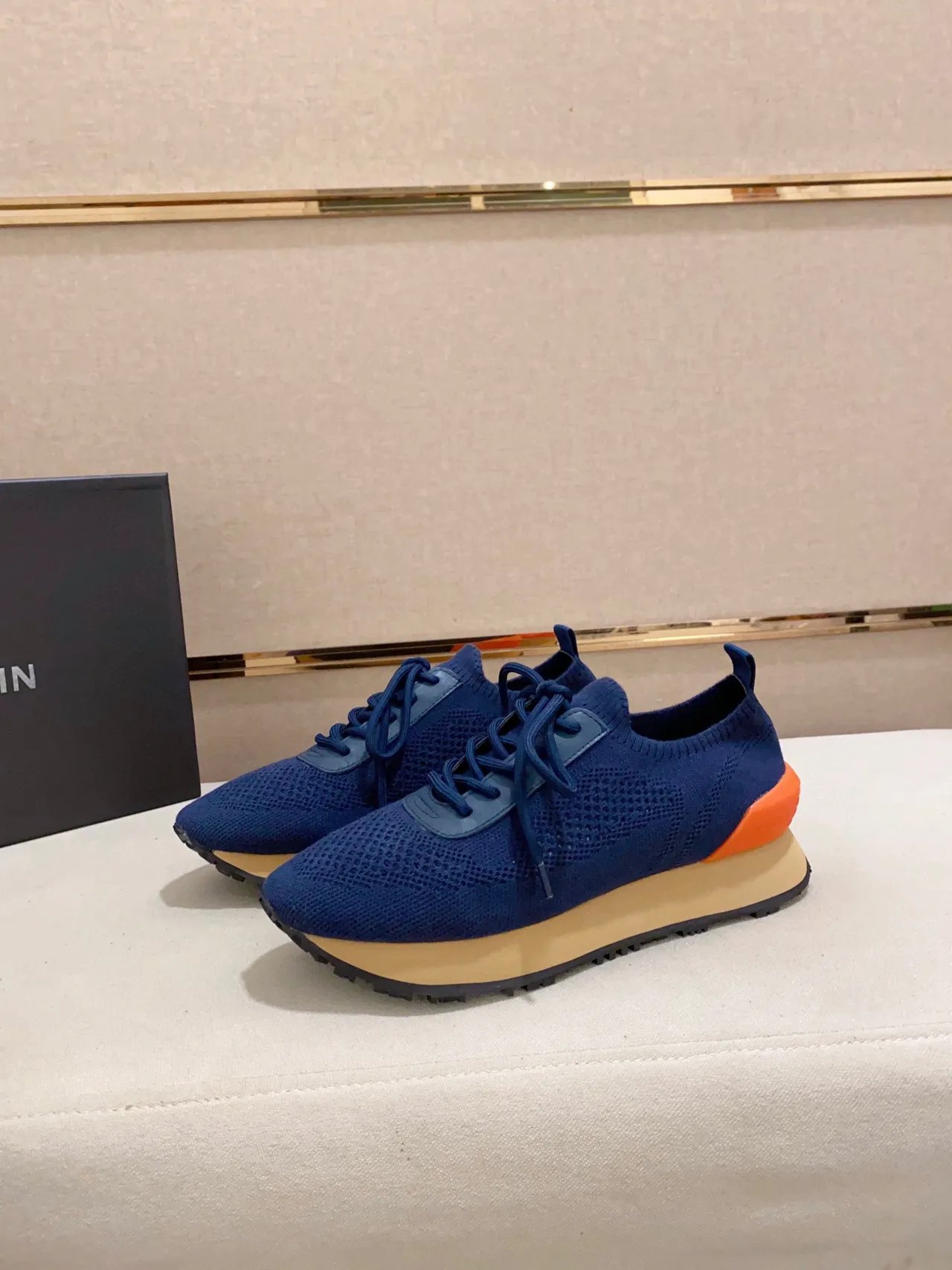 Navy Orange Knit Upper Layered Midsole Sneakers 7