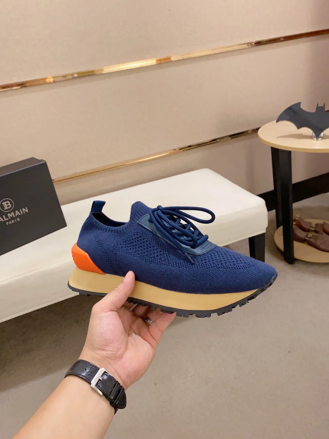 Navy Orange Knit Upper Layered Midsole Sneakers 8