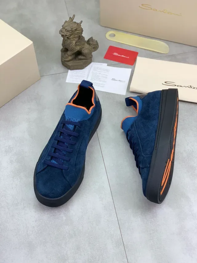 Navy Orange Suede Upper Flat Rubber Sole Sneakers 6