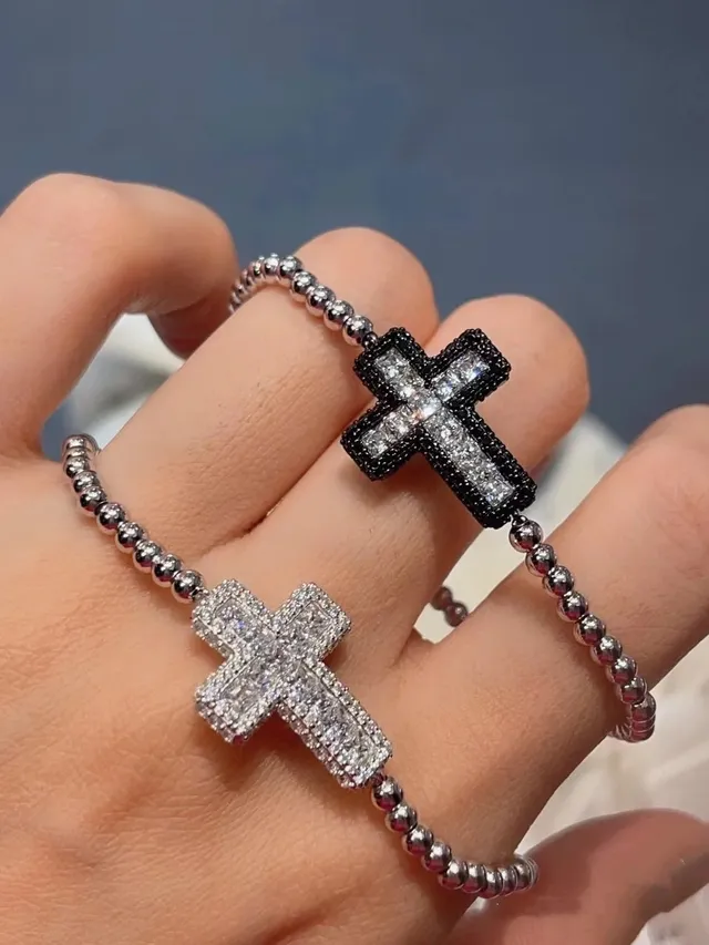 Navy Silver Pavé-Set Cross Pendant Beaded Chain Link Bracelet 6