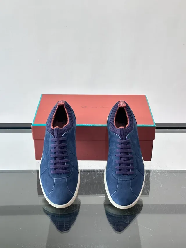 Navy Suede Knit-Collar Low-Top Lifestyle Sneakers 4