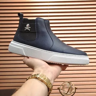 Navy White Leather Platform Sole Chelsea Boots