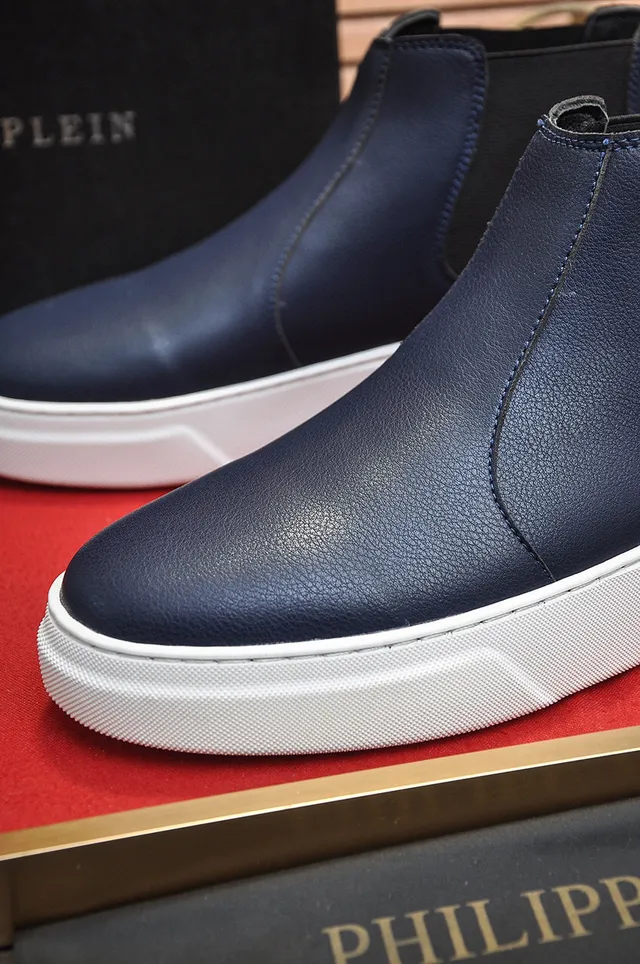 Navy White Leather Platform Sole Chelsea Boots 3
