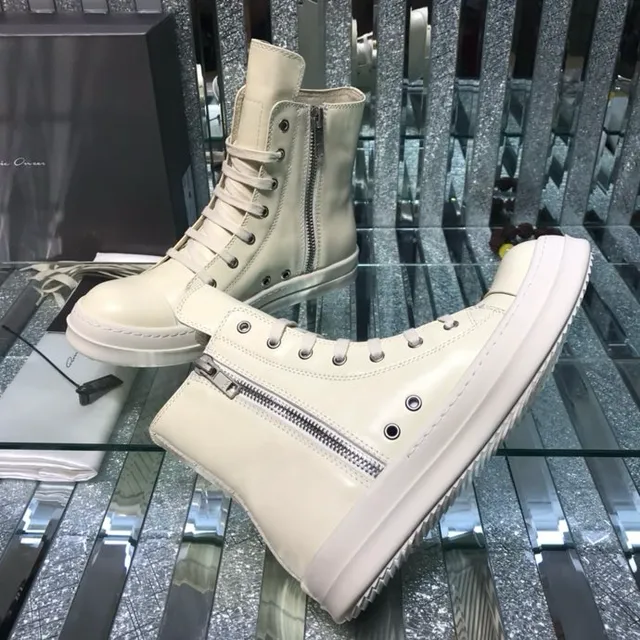 Off-White Leather-Like High-Top Lace-Up Side-Zip Ankle Boots 5