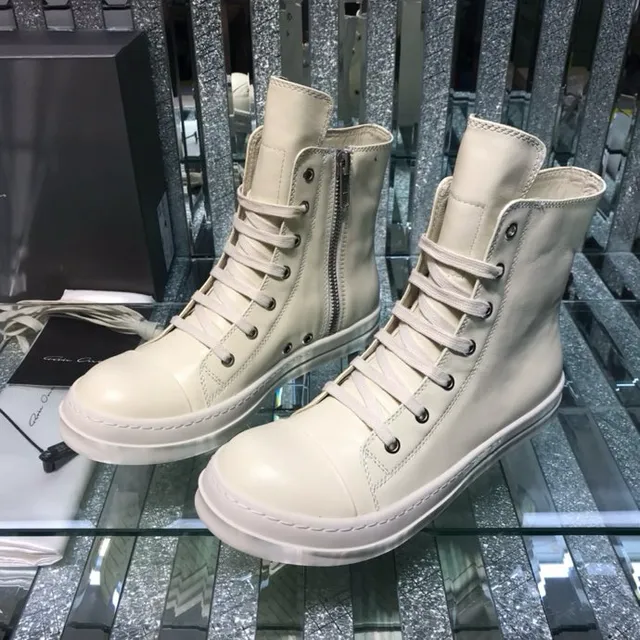 Off-White Leather-Like High-Top Lace-Up Side-Zip Ankle Boots 7