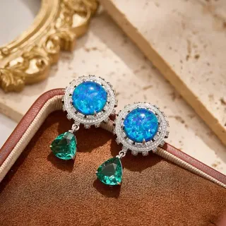 Opal and Emerald Halo Drop Earrings