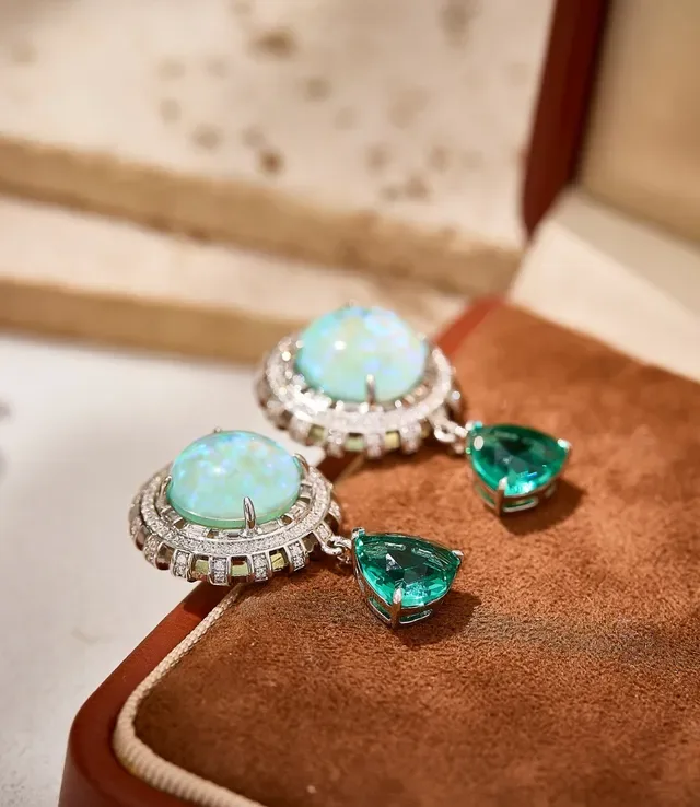 Opal and Emerald Halo Drop Earrings 6