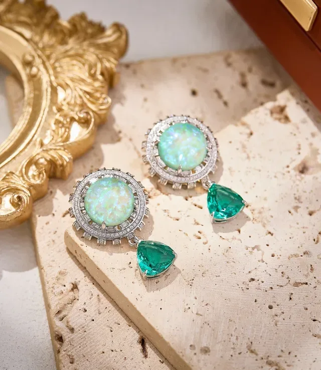 Opal and Emerald Halo Drop Earrings 8