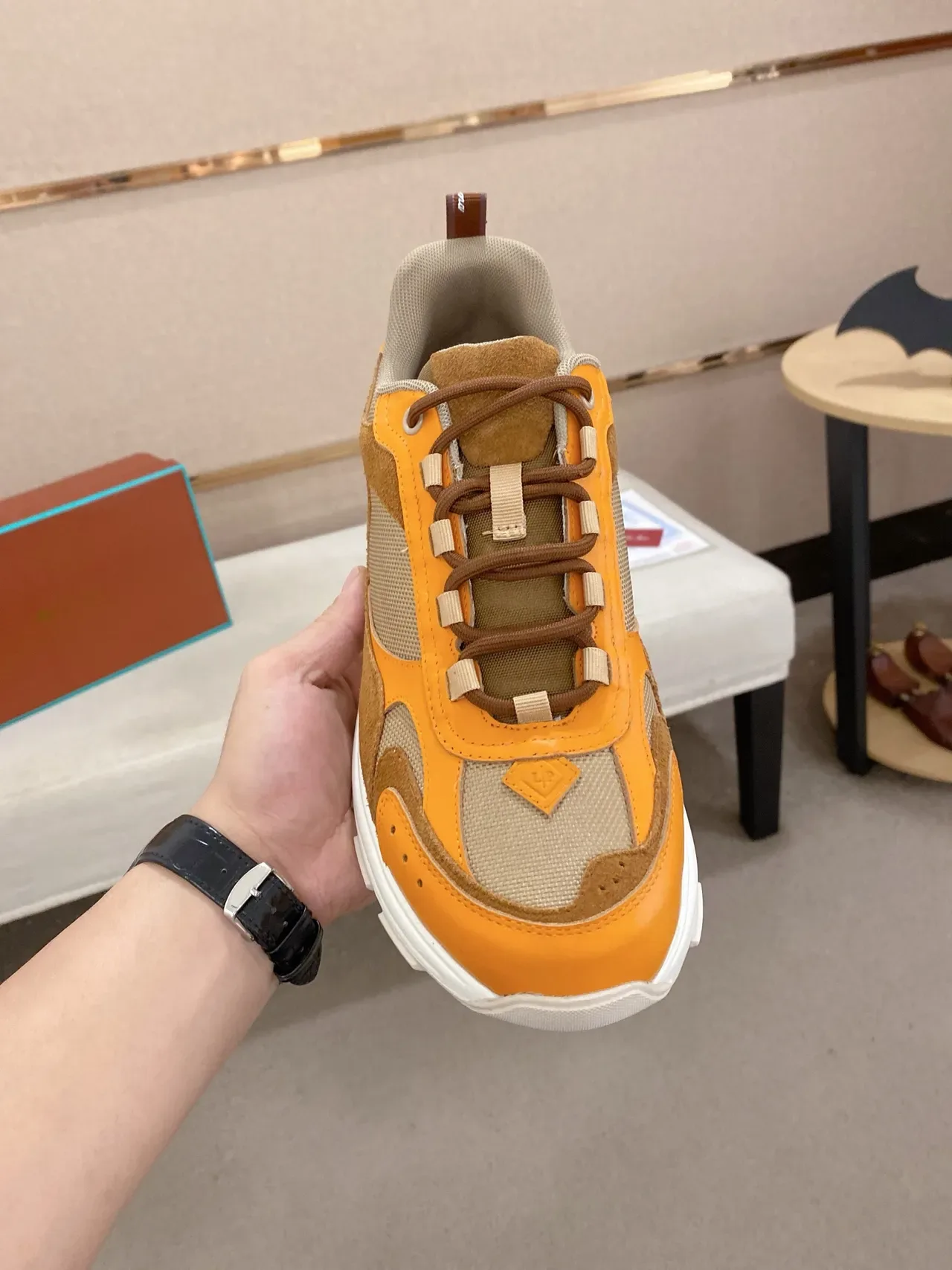 Orange Brown Beige Multi-Material Chunky Sole Lifestyle Sneaker 5