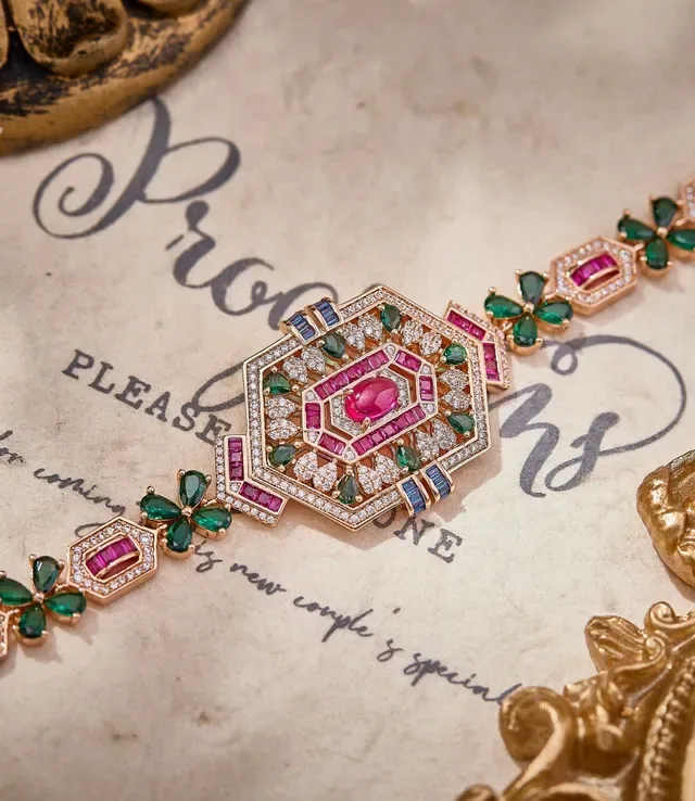 Ornate Gold-Tone Octagonal Pink and Green Gemstone Bracelet 3