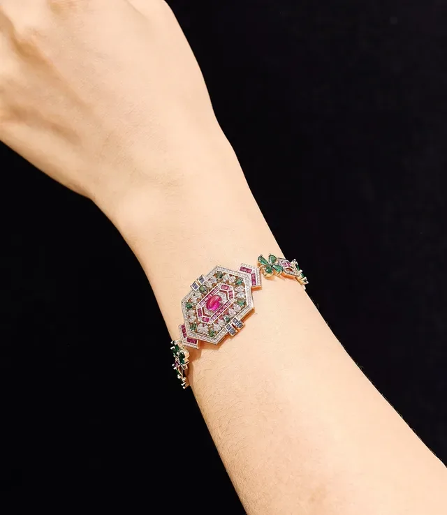 Ornate Gold-Tone Octagonal Pink and Green Gemstone Bracelet 5