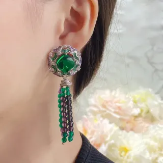 Ornate Green and Purple Gemstone Cabochon Tassel Earring