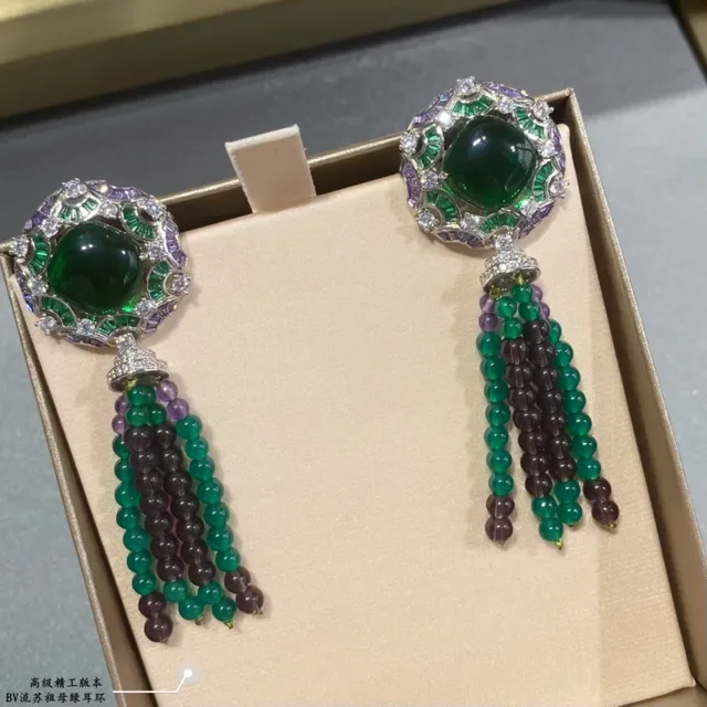 Ornate Green and Purple Gemstone Cabochon Tassel Earring 2