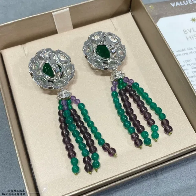 Ornate Green and Purple Gemstone Cabochon Tassel Earring 3