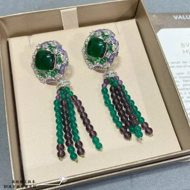 Ornate Green and Purple Gemstone Cabochon Tassel Earring 4