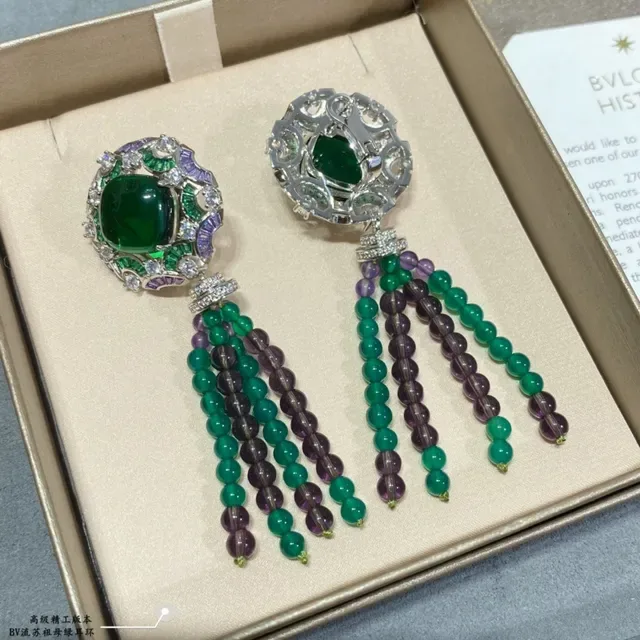 Ornate Green and Purple Gemstone Cabochon Tassel Earring 5