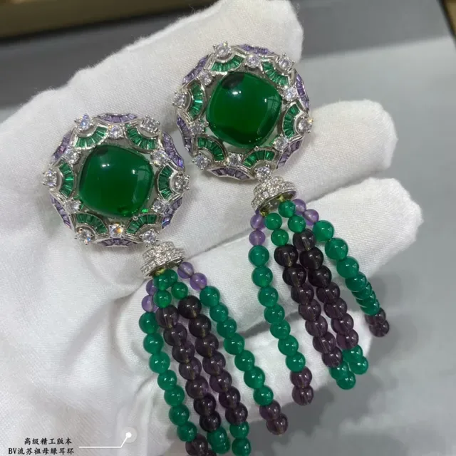 Ornate Green and Purple Gemstone Cabochon Tassel Earring 8