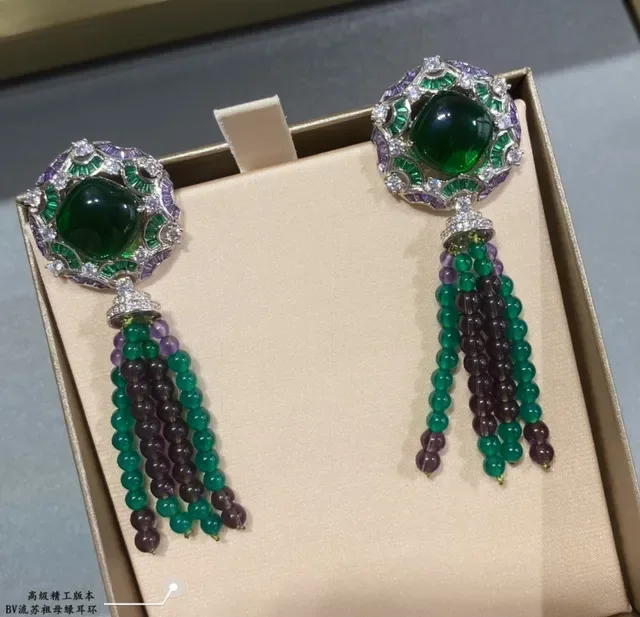 Ornate Green and Purple Gemstone Cabochon Tassel Earring 9