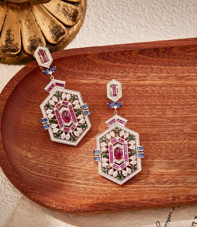 Ornate Hexagonal Multi-Gemstone Dangling Earrings 1
