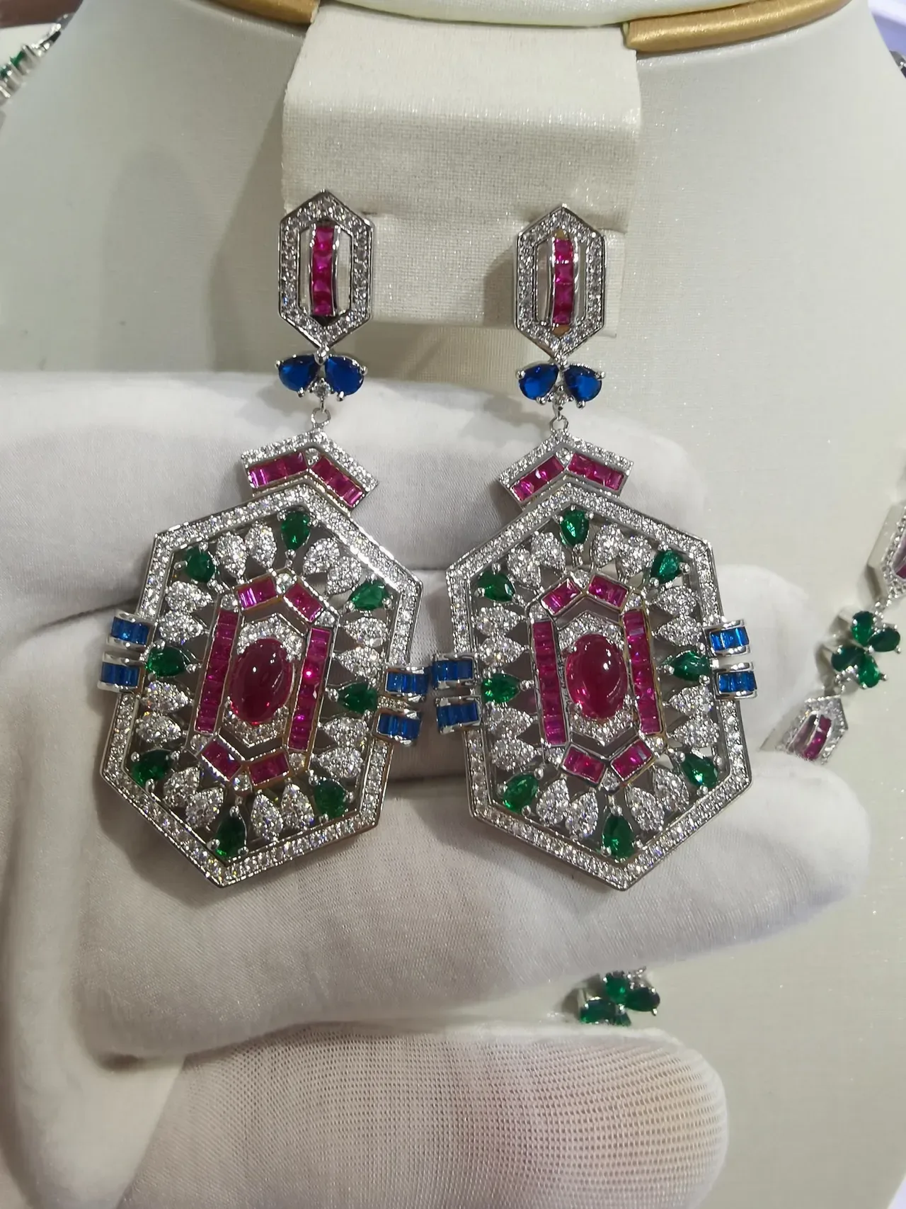 Ornate Hexagonal Multi-Gemstone Dangling Earrings 3