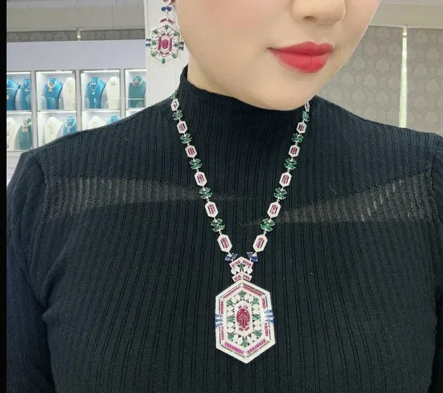 Ornate Hexagonal Multi-Gemstone Dangling Earrings 4