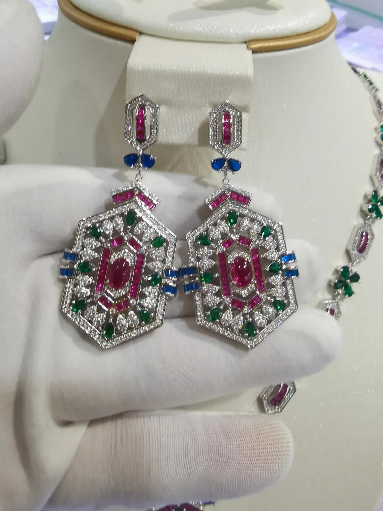 Ornate Hexagonal Multi-Gemstone Dangling Earrings 7