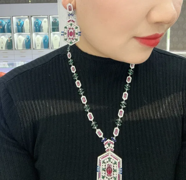 Ornate Hexagonal Multi-Gemstone Dangling Earrings 8