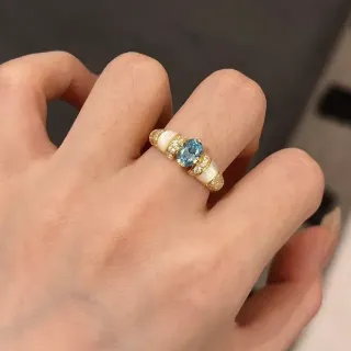 Oval Blue Topaz and Mother-of-Pearl Pavé Ring