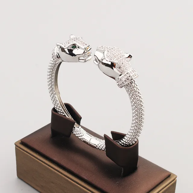 Panther Head Pavé Crystal Rope-Link Open Bangle Bracelets 6