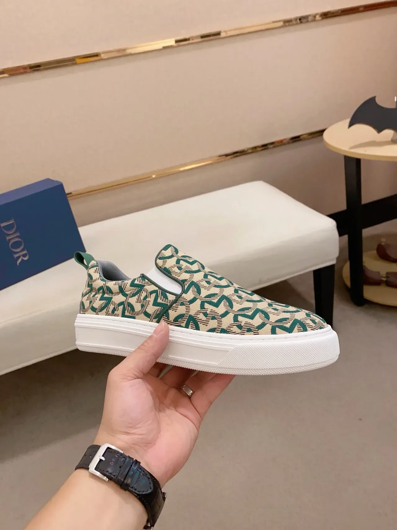 Patterned Beige and Teal Slip-On Platform Sneaker 4
