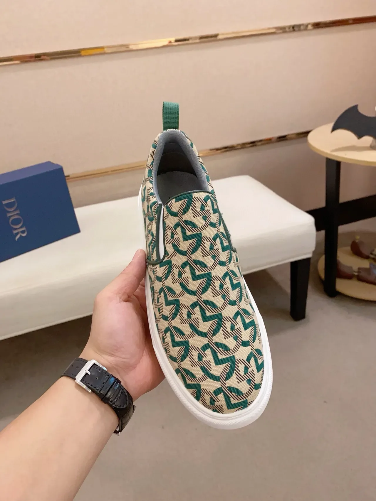 Patterned Beige and Teal Slip-On Platform Sneaker 5