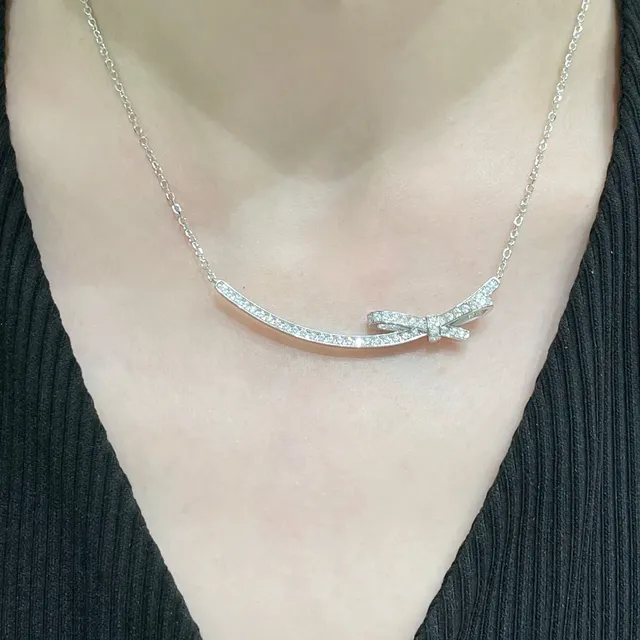 Pavé-Set Curved Bar Bow Motif Necklace 7